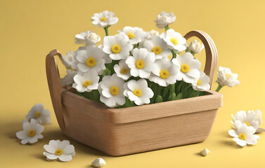 Fototapeta na wymiar White Flowers in Wooden Basket on Yellow Spring Background 