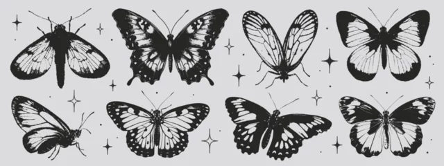 Fototapete Schmetterlinge im Grunge Butterflies of black wings in the style of grunge stamp and organic shapes. Y2k aesthetic, tattoo silhouette, hand drawn stickers. Vector graphic in trendy retro 2000s style. Grain texture butterfly.
