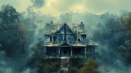 Foto op Canvas A mysterious house stands tall in a foggy forest surrounded by trees. The eerie landscape is shrouded in mist, creating a spooky atmosphere © RichWolf