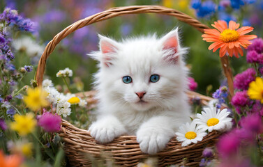 Cute Kitten Basket Flowers Illustrations & Vectors
