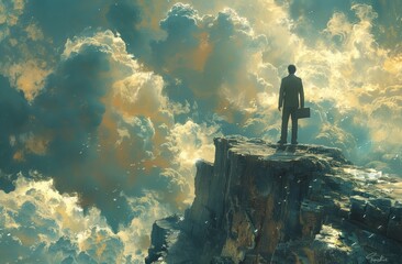 A man is standing on the edge of a cliff overlooking the vast natural landscape, with clouds painting the sky and water below. The horizon stretches far in the distance, creating a breathtaking view - obrazy, fototapety, plakaty