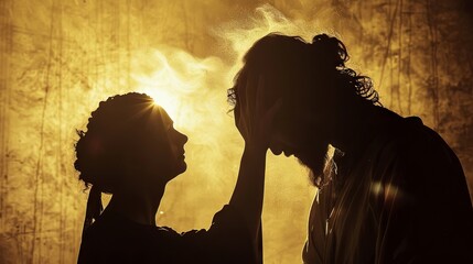 Silhouette of the woman pouring expensive perfume on Jesus' head - obrazy, fototapety, plakaty