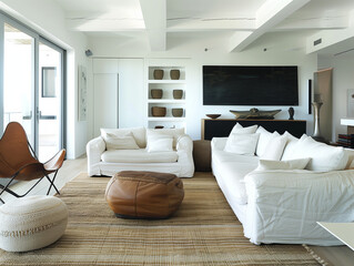 Fototapeta na wymiar White furniture and a flat screen tv in a comfy living room