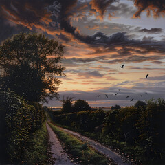 farm lane meandering into distant landscape with crows