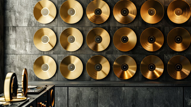 Golden Discs Wall of Fame, golden record LP'S in display cabinet against the wall 