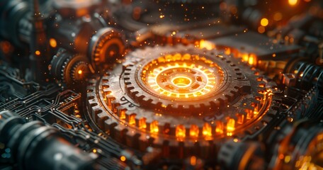 An artistic closeup of a metal machine with intricate gears surrounding a glowing center, resembling a pattern found in nature or fashion accessory