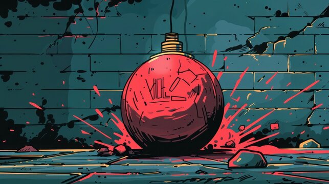A bomb timer counting down as a cartoon character tries to defuse it in a retro comic book style shot from a low angle with a minimalist approach to detail that still conveys the urgency of