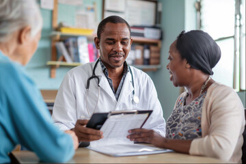 Candid shot of a mature African American male doctor smiling and speaking to patients while holding a clipboard, exuding warmth and professionalism.

