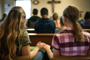 Candid shot of teenagers in a prayer group in a moment of deep spirituality and reflection.

