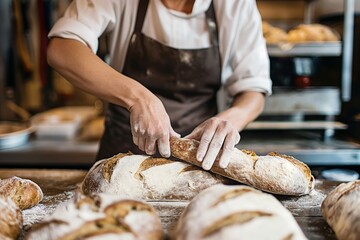 Closeup of a baker crafting crusty, rustic bread in a traditional bakery, highlighting the art of baking.

