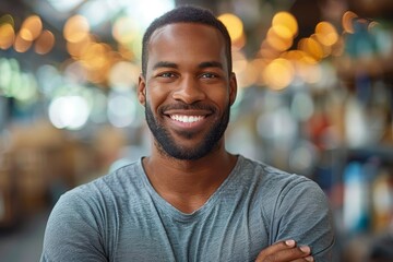 Obraz premium Charismatic man with a shaved head smiling confidently into the camera with soft bokeh background