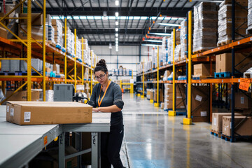 A diligent Latina worker scans packages, efficiently navigating the bustling environment of a well-organized warehouse.

 - obrazy, fototapety, plakaty