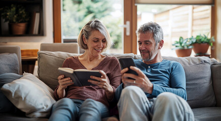 Elderly couple enjoys a relaxing weekend together, one reading a book and the other browsing on a smartphone, embodying leisure in retirement.

