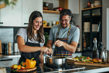 Candid shot of a couple enjoying cooking together in their home kitchen, showcasing everyday life filled with pleasure and simplicity.

