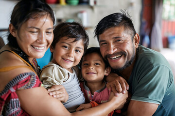 Candid moment of a Honduran family with mother, father, and children sharing laughter, showcasing the simple life pleasures and togetherness.

