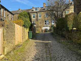 Victorian back street, lined with stone cobbles, bushes, wild plants, and trees close to, Leylands Terrace, Heaton, Bradford, UK