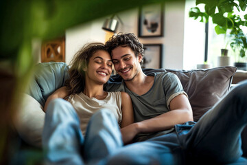 Fototapeta premium Candid shot of a young couple relaxing and daydreaming on the sofa, enjoying a serene weekend together in comfortable silence.