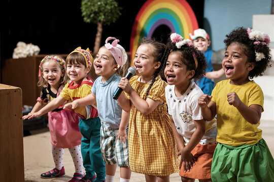 Candid capture of young children performing in a play on stage, adorned in colorful costumes, singing and laughing, embodying the spirit of childhood.


