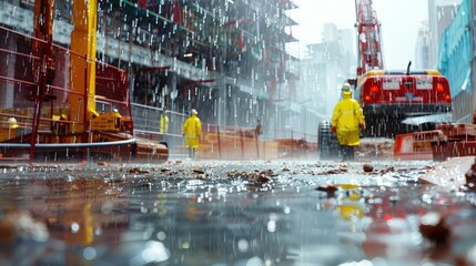 delay construction site rain - obrazy, fototapety, plakaty