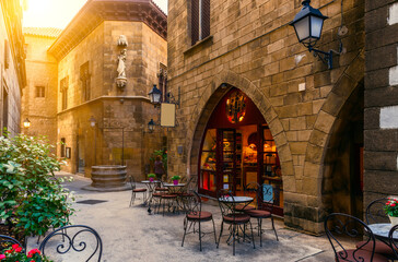 Cozy street of Poble Espanyol - traditional architectures in Barcelona, Spain - 751848148