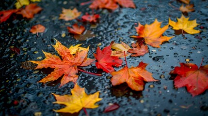 After rain maple leaves fall on the ground
