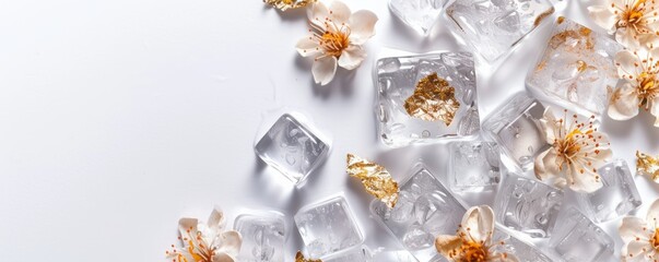 ice cubes with flowers background.