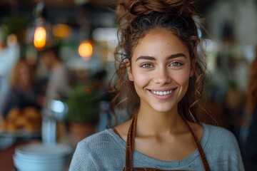 Charming young waitress in a grey apron with a friendly smile in a cozy café