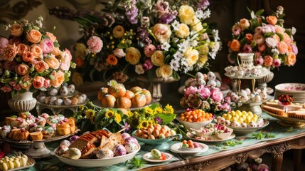Fototapeta na wymiar Lavish Easter banquet with an abundance of eggs and a floral centerpiece. Celebratory feast concept for Easter season. Ornate table setting for design and event planning.