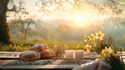 Obraz na płótnie Canvas Rustic Easter morning setting with fresh bread and candles amidst daffodils on a wooden table. Countryside springtime breakfast concept for design and hospitality, with serene sunrise and copy space