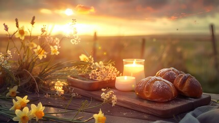 Golden hour Easter breakfast with baked goods and lit candles on a picnic table decorated with spring daffodils. Seasonal celebration concept for design and culinary presentation with a scenic view