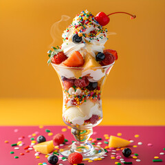 vanilla ice cream sundae with chocolate and fruits