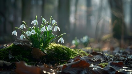 Beautiful first blossom spring flowers snowdrops in forest