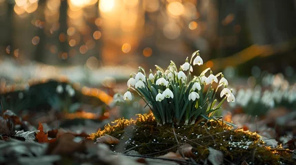 Tuinposter Beautiful first blossom spring flowers snowdrops in forest © Ziyan