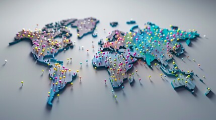 A world map on a flat plane with a primary focus. Colorful badges are attached to the capital of each country