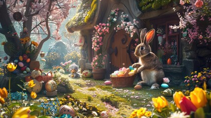 Enchanting Easter bunny scene with a basket full of colorful eggs at a fairy-tale cottage. Fantasy spring celebration concept for design and illustration with a magical garden and lush floral backdrop