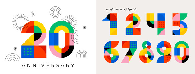 Anniversary concept design. Modern geometric style. Fireworks and celebration colorful background, set of numbers