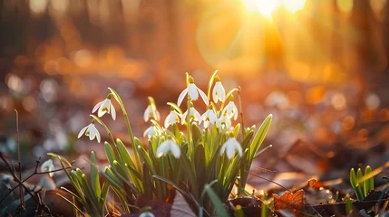  Beautiful first blossom spring flowers snowdrops in forest © Ziyan