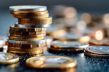 A closeup shot of coins stacked on each other in different positions on a blurred background