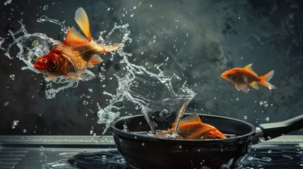 Fotobehang Dynamic splash scene with goldfish jumping out of a frying pan into the water. Conceptual action shot with copy space © Tatyana