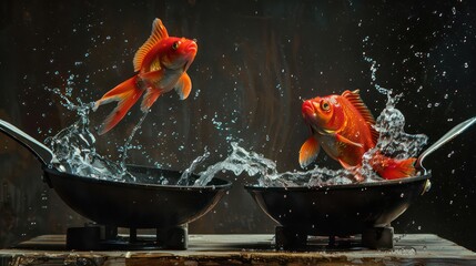Fish leaping out of two frying pans with dynamic water splash against dark background. Creative action shot concept with copy space - obrazy, fototapety, plakaty