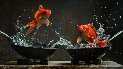Foto op Plexiglas Fish leaping out of two frying pans with dynamic water splash against dark background. Creative action shot concept with copy space © Tatyana