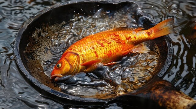 Koi fish leaping out of water in a cast-iron skillet against a dark water background. Dynamic wildlife photography with action concept
