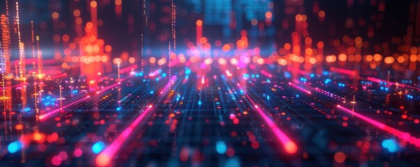 Digital marketing analysis via neon hologram minimalist interface showcasing brightly glowing data visualization