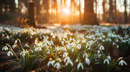 Foto op Canvas Beautiful first blossom spring flowers snowdrops in forest © Ziyan