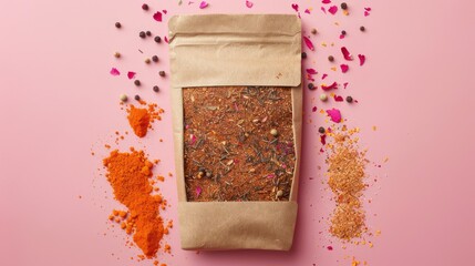 Kraft paper pouch with loose spices on pink background. Flat lay composition for design and print with copy space.