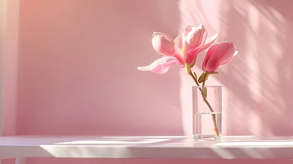 Fotobehang Beautiful pink magnolia flower in transparent glass vase standing on white table, sunlight on pastel pink wall © Ziyan