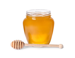 Tasty natural honey in glass jar and dipper isolated on white