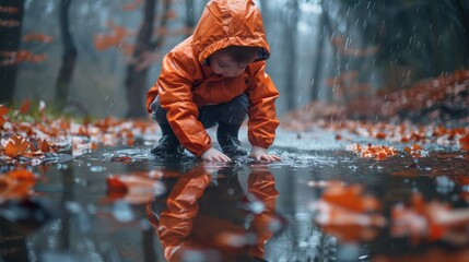 Child in Orange Raincoat Playing in Puddle