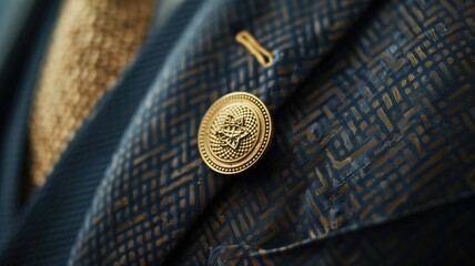 Golden blazer button detail on patterned blue fabric - obrazy, fototapety, plakaty