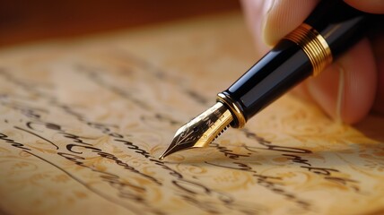 Close-up of a fountain pen on cursive script, highlighting refined handwriting and luxurious correspondence - obrazy, fototapety, plakaty